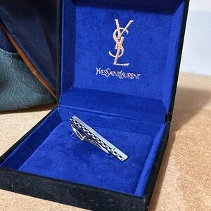 Vintage Yves Saint Laurent YSL Tie Bar Silver Tone Checkered Pattern Boxed